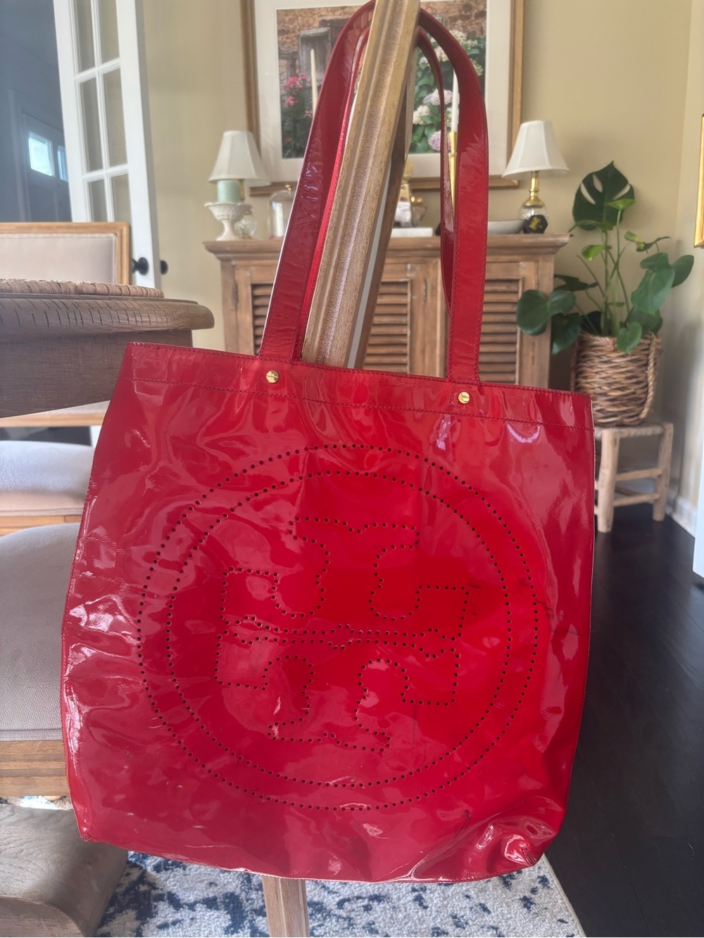 Tory Burch Red Patent Leather Perforated Logo Tote